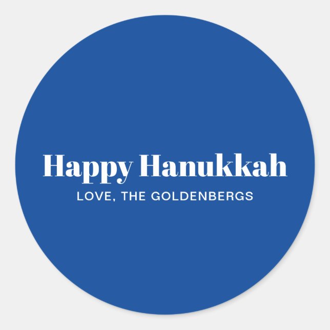 Pegatina Redonda Feliz Hanukkah azul blanco minimalista personaliza (Anverso)