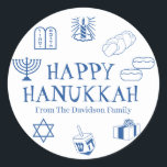 Pegatina Redonda Feliz Hanukkah azul blanco nombre de regalo<br><div class="desc">¡Feliz Hanukkah,  personalizar,  regalo de apellido a los pegatinas Feliz Hanukkah,  Feliz Chanukah,  Hanukkah Sameach!,  Chag Sameach!,  Chag Urim Sameach! Azul y blanco</div>
