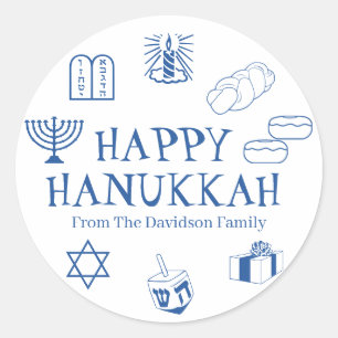 Pegatina Redonda Feliz Hanukkah azul blanco nombre de regalo