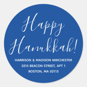 Pegatina Redonda Feliz Hanukkah azul white script return address
