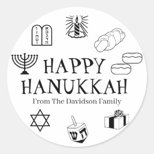 Pegatina Redonda Feliz Hanukkah blanco negro nombre de regalo