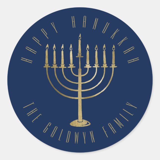 Pegatina Redonda Feliz Hanukkah 'Blue Gold Menorah Holiday (Anverso)