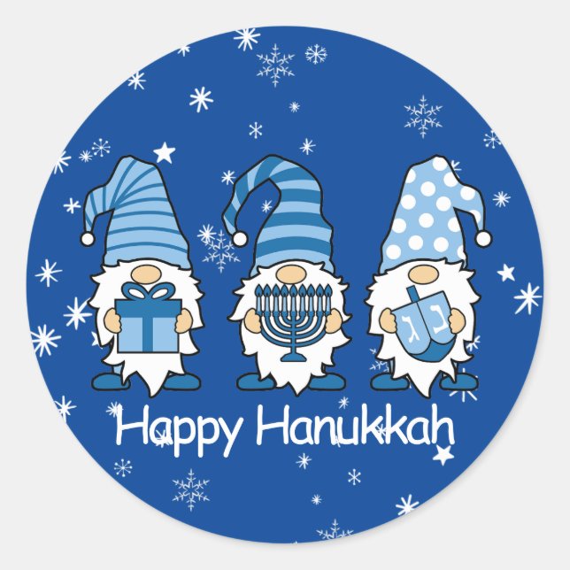 Pegatina Redonda Feliz Hanukkah Blue & White Gnome Pegatinas (Anverso)