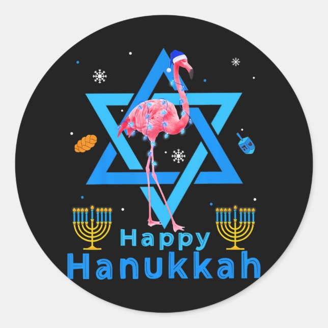 Pegatina Redonda Feliz Hanukkah Cute Flamingo Menorah Orgullo judío (Anverso)