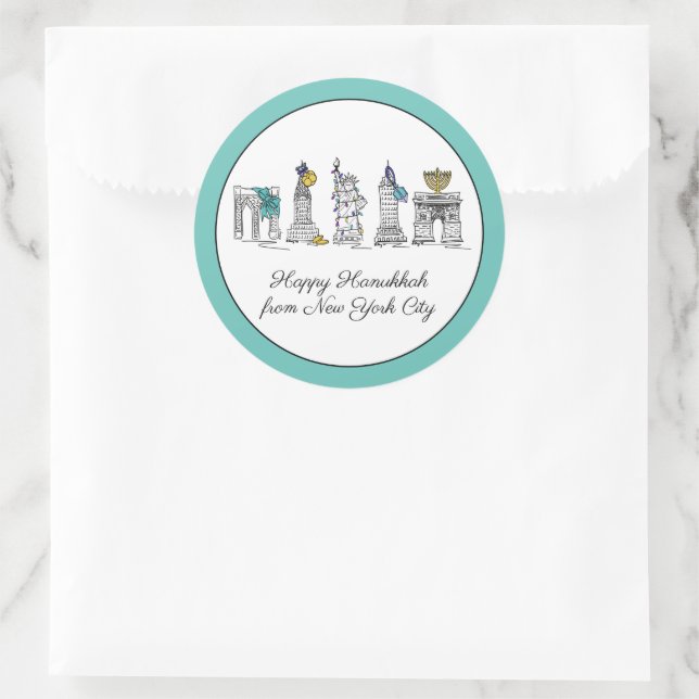 Pegatina Redonda Feliz Hanukkah desde Nueva York, NYC Chanukah (Bolso)
