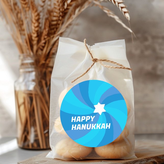 Pegatina Redonda FELIZ HANUKKAH Estrella moderna de Swirl de David  (HAPPY HANUKKAH Modern Swirl Star of David Custom Classic Round Sticker
)