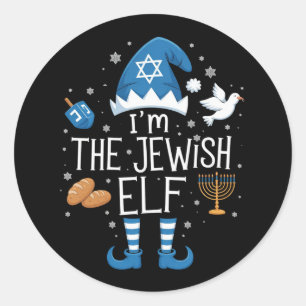 Pegatina Redonda Feliz Hanukkah Familia Judía Elfo Grupo Navidad 