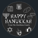 Pegatina Redonda Feliz Hanukkah favores de regalo de nombre de cost<br><div class="desc">¡Feliz Hanukkah,  personalizar,  regalo de apellido a los pegatinas Feliz Hanukkah,  Feliz Chanukah,  Hanukkah Sameach!,  Chag Sameach!,  Chag Urim Sameach! Blanco y negro</div>