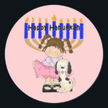 Pegatina Redonda Feliz Hanukkah Friends<br><div class="desc">Feliz Hanukkah a todos nuestros amigos,  chicas y niños de todas las edades. Los perros cachorros de Chanukah hacen de la fiesta un regalo aún mejor.</div>