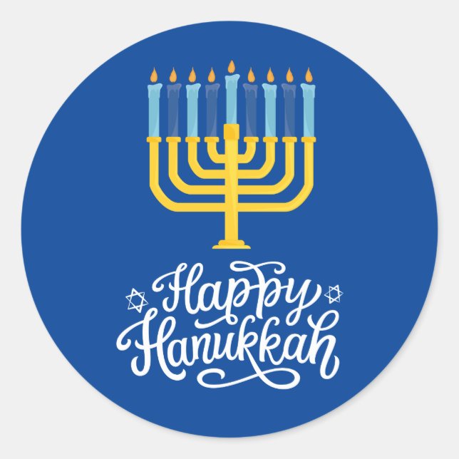 Pegatina Redonda Feliz Hanukkah Menorah (Anverso)