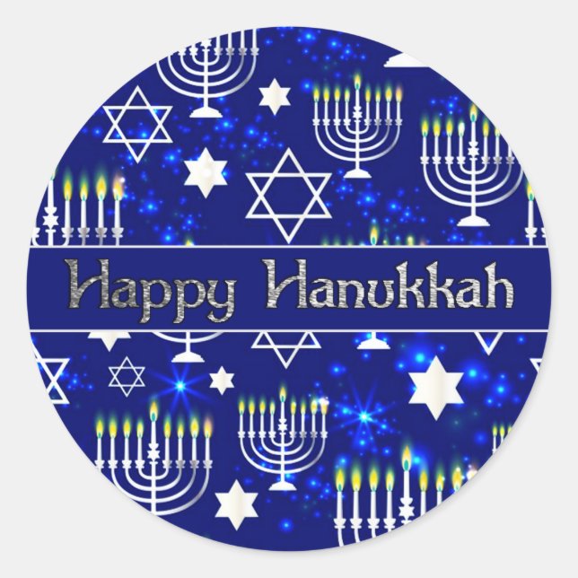 Pegatina Redonda Feliz Hanukkah Menorah (Anverso)