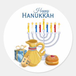Pegatina Redonda Feliz Hanukkah Menorah Oil Pitcher Sufganiyot