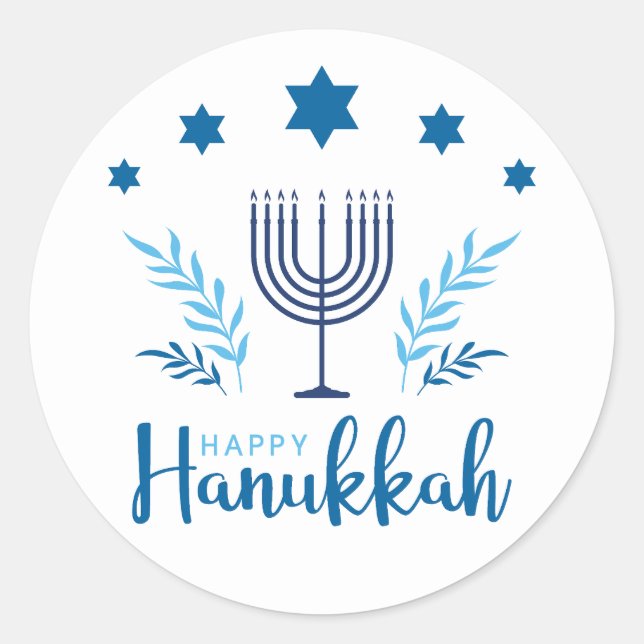 Pegatina Redonda Feliz Hanukkah Menorah Stars (Anverso)