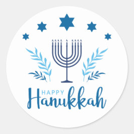 Pegatina Redonda Feliz Hanukkah Menorah Stars