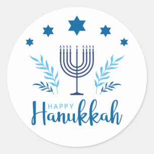 Pegatina Redonda Feliz Hanukkah Menorah Stars