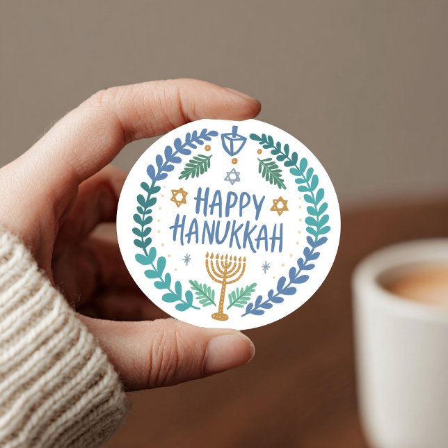 Pegatina Redonda FELIZ HANUKKAH Moderno, Curioso (HAPPY HANUKKAH Modern Hand-Drawn Cute Whimsical Classic Round Sticker
)