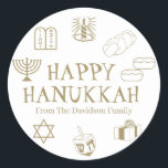 Pegatina Redonda Feliz Hanukkah oro blanco nombre de costumbre rega<br><div class="desc">Feliz Hanukkah,  personalizar regalo de apellido a los pegatinas Feliz Hanukkah,  Feliz Chanukah,  Hanukkah Sameach!,  Chag Sameach!,  Chag Urim Sameach! oro falso y blanco</div>