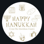 Pegatina Redonda Feliz Hanukkah oro blanco nombre de costumbre rega<br><div class="desc">Feliz Hanukkah,  personalizar regalo de apellido a los pegatinas Feliz Hanukkah,  Feliz Chanukah,  Hanukkah Sameach!,  Chag Sameach!,  Chag Urim Sameach! oro falso y blanco</div>