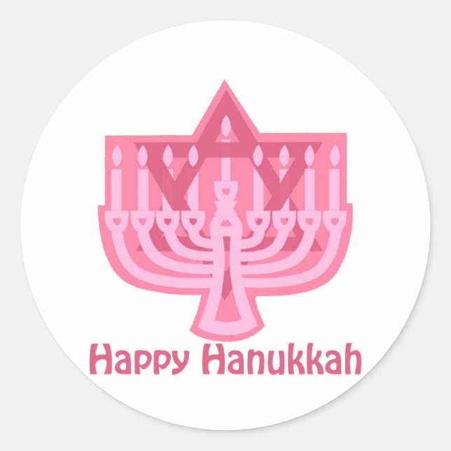 Pegatina Redonda Feliz Hanukkah Pink Menorah (Anverso)