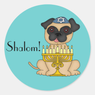 Pegatina Redonda Feliz Hanukkah-Pug Perro con Menorá