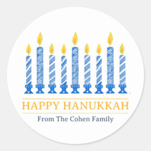 Pegatina Redonda Feliz Hanukkah   Sencillo saludo elegante en velas