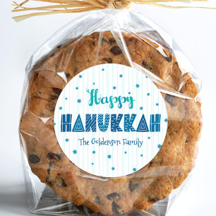 Pegatina Redonda Feliz Hanukkah Tipografía Turquesa Caprichosa Nomb