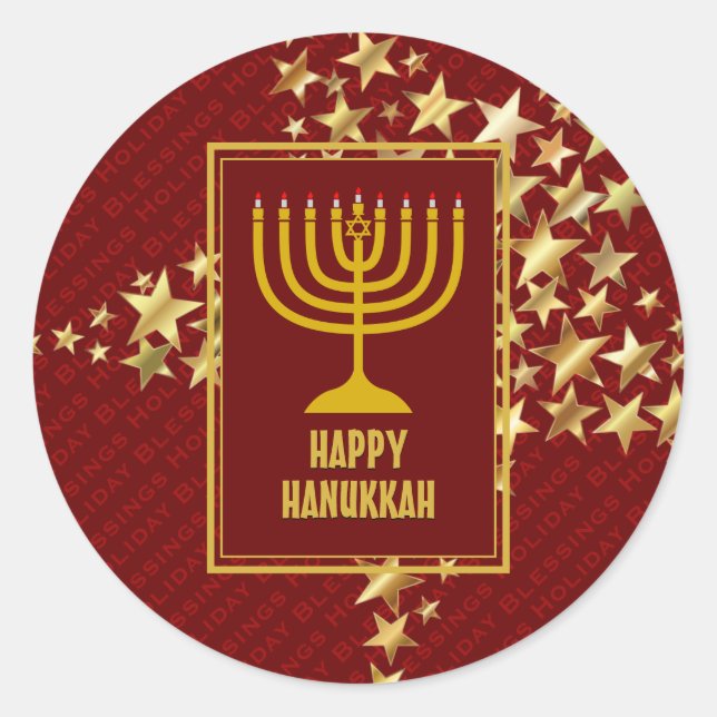 Pegatina Redonda FELIZ HAPPY HANUKKAH Festividades RED (Anverso)