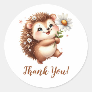 Pegatina Redonda Feliz Hedgehog con girasol Gracias