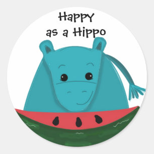 Pegatina Redonda Feliz Hippo con sandía Slice