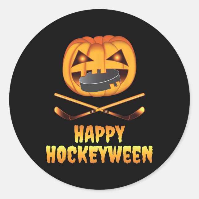 Pegatina Redonda Feliz Hockeyween Hockey Calabaza comiendo Puck Div (Anverso)