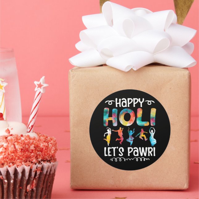 Pegatina Redonda Feliz Holi, vamos a traer regalos del Festival Hin (Fiesta)