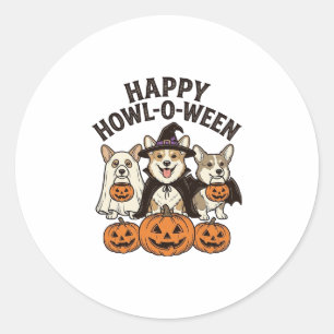 Pegatina Redonda Feliz Howl-O-Ween Corgi Halloween Perro Vector Des