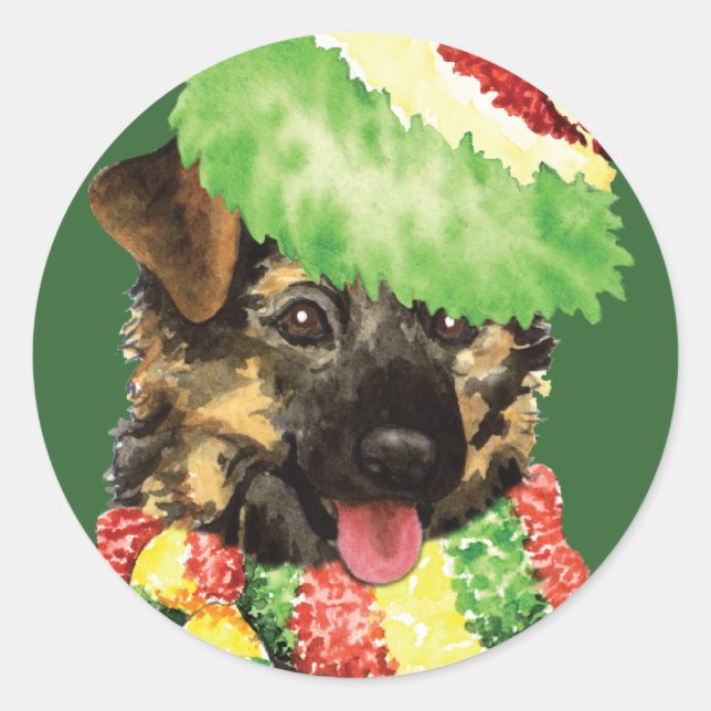 Pegatina Redonda Feliz Howliday German Shepherd (Anverso)