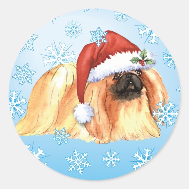 Pegatina Redonda Feliz Howlidays Pekingese (Anverso)