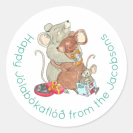 Pegatina Redonda Feliz Jolabokaflod Familia de Ratones Fiesta Navid