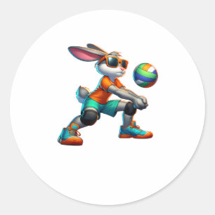 Pegatina Redonda Feliz Jugador de Voleibol Conejo de Pascua Lover S