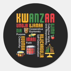 Pegatina Redonda Feliz Kwanzaa Kinara Siete Velas Drum Africano