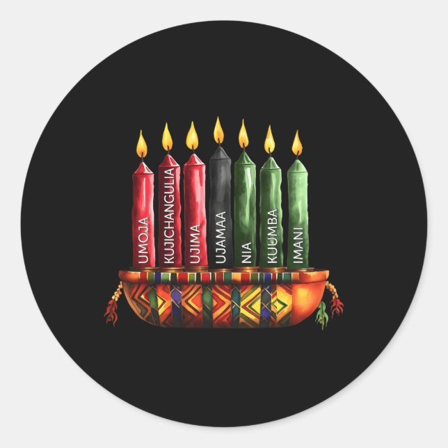 Pegatina Redonda Feliz Kwanzaa Kinara Siete Velas Principios de K (Anverso)