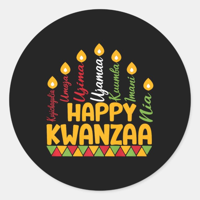 Pegatina Redonda Feliz Kwanzaa Kinara Siete Velas Principios de K (Anverso)
