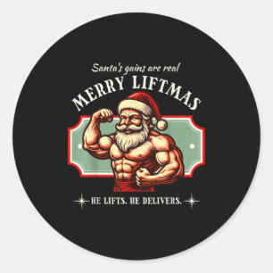 Pegatina Redonda Feliz Levanta Navidad Gimnasio Santa Divertido Cul