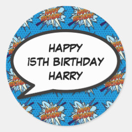 Pegatina Redonda FELIZ LLAMAMIENTO DE CUMPLEAÑOS Burbuja Fun libro