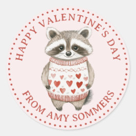 Pegatina Redonda Feliz mapache acuarela del Día de San Valentín