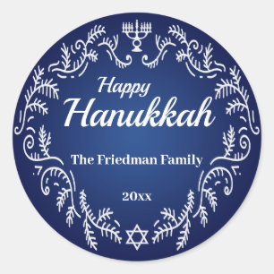 Pegatina Redonda Feliz marco de la fiesta blanca de Hanukkah Menora