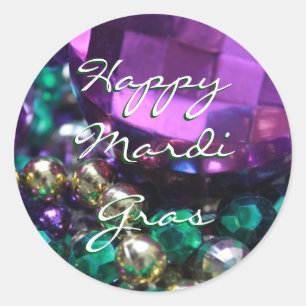Pegatina Redonda Feliz Mardi Gras Bead lanza Personalizado a Pegati
