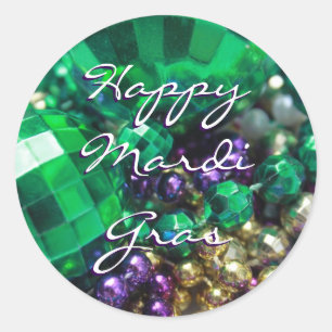 Pegatina Redonda Feliz Mardi Gras Bead lanza Personalizado a Pegati