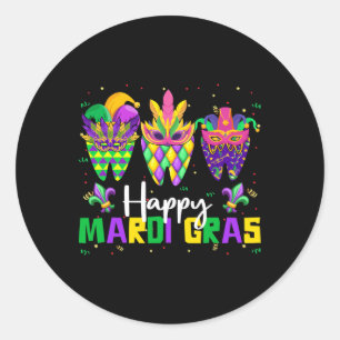 Pegatina Redonda Feliz Mardi Gras Dental Squad Dentista Teeth Carni