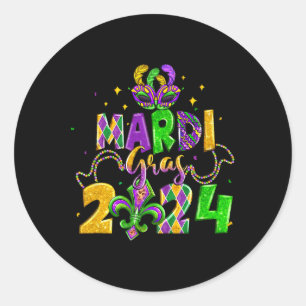 Pegatina Redonda Feliz Mardi Gras Martes de Carnaval Cuentas Máscar
