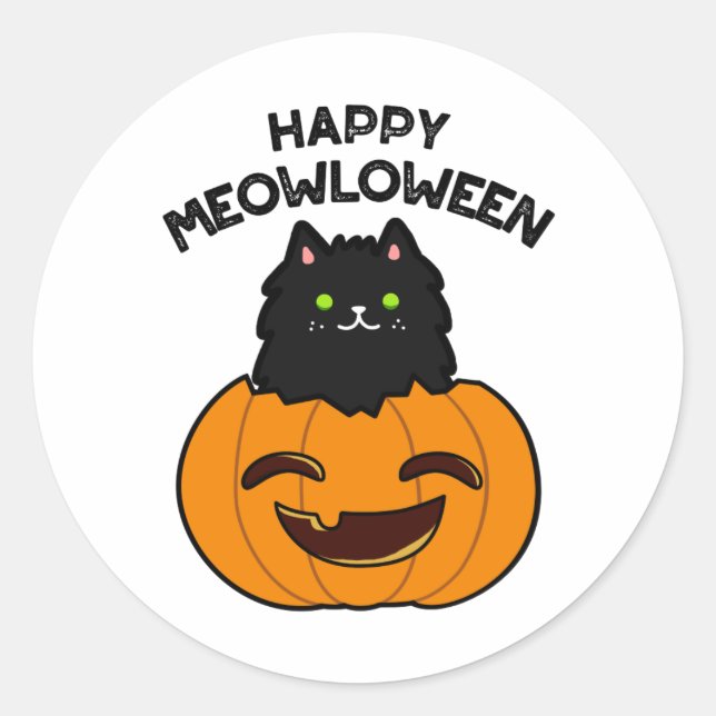 Pegatina Redonda Feliz Meowloween Funny Halloween Pun (Anverso)