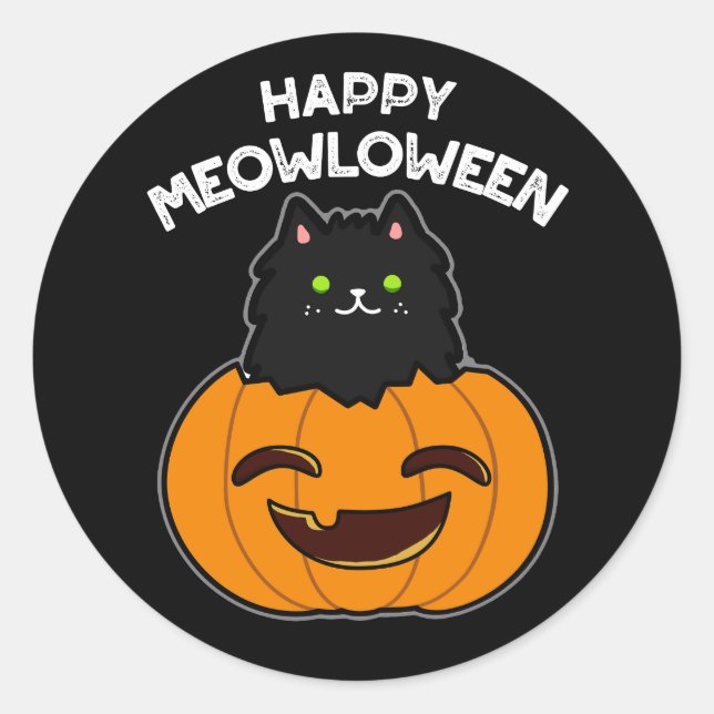 Pegatina Redonda Feliz Meowloween Funny Halloween Pun Dark BG (Anverso)