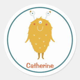 Pegatina Redonda Feliz moho naranja peludo monstruo tres ojos